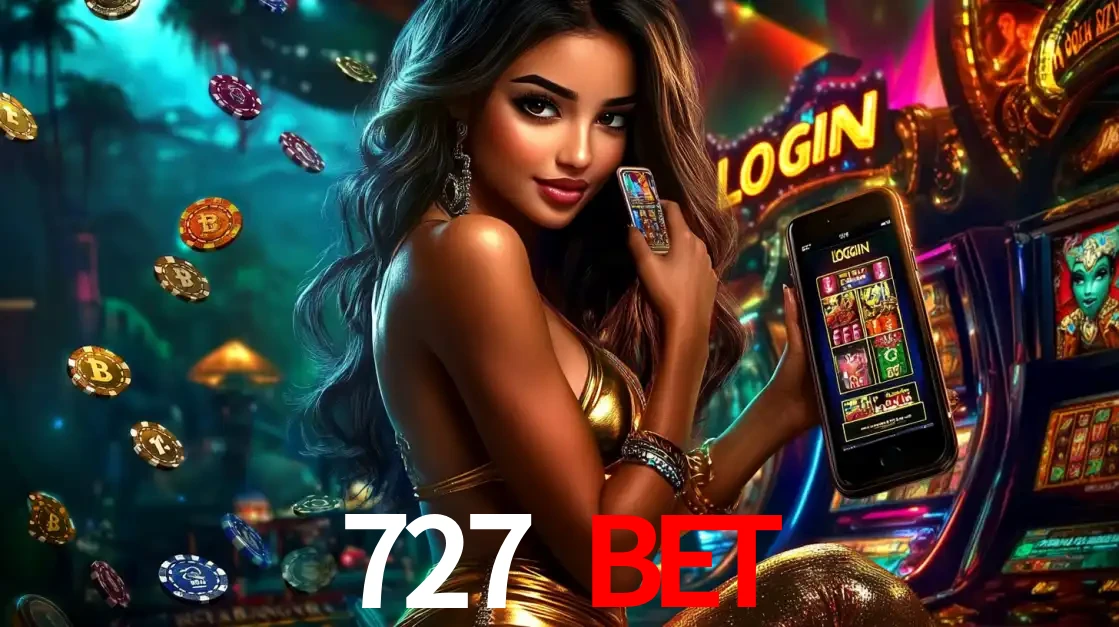 Mulher em um cenário de cassino temático de aventura, mostrando o app de caça-níqueis da 727 BET no celular. Fichas de apostas flutuam ao redor.