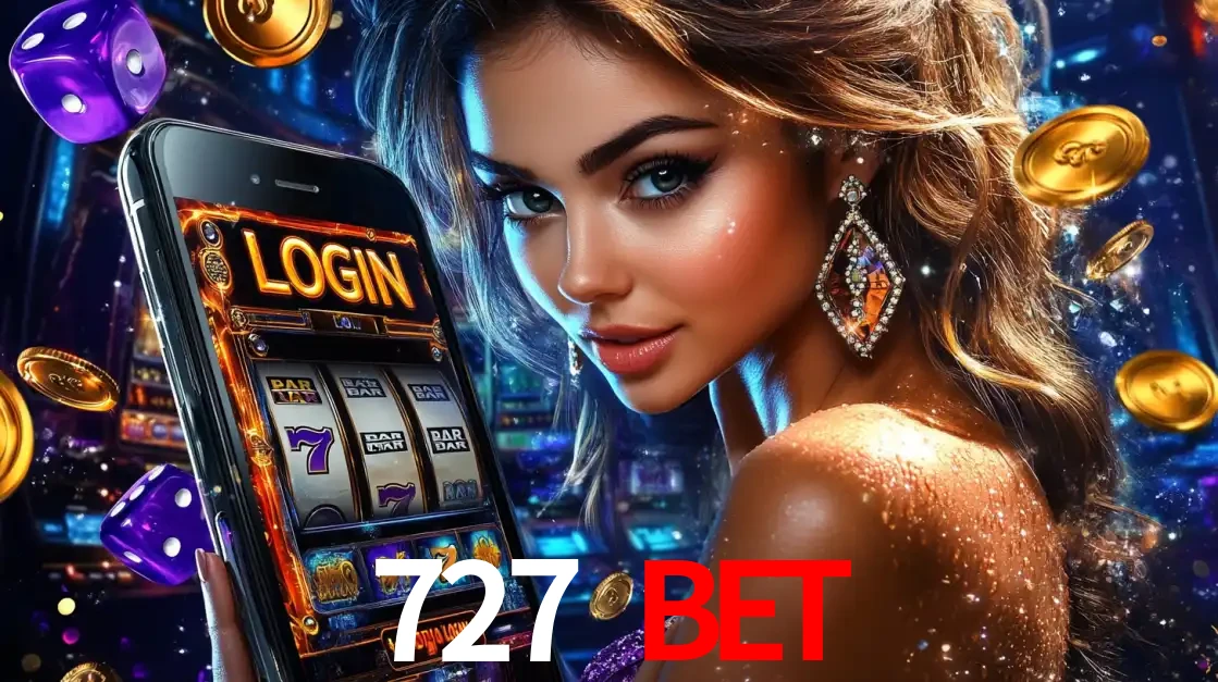 Mulher glamorosa segurando um smartphone com a tela de login para os jogos de caça-níqueis do cassino online 727 BET, com moedas de ouro e dados ao redor.