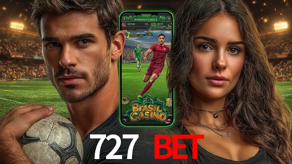 Homem segurando uma bola de futebol e uma mulher ao lado de um smartphone exibindo o jogo de apostas esportivas da 727 BET. Faça seu palpite no cassino online.